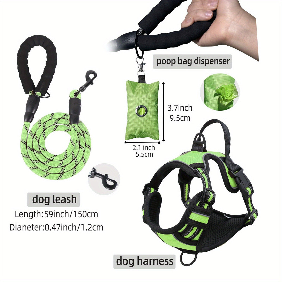 Dog Harness Leash and Poop Bag Dispenser Set 3-Piece Escape-Proof Adjustable Breathable Vest Harness for Medium Large Dogs with Reflective Strips – No-Pull Padded Dog Walking Kit with Waste Bag Holder