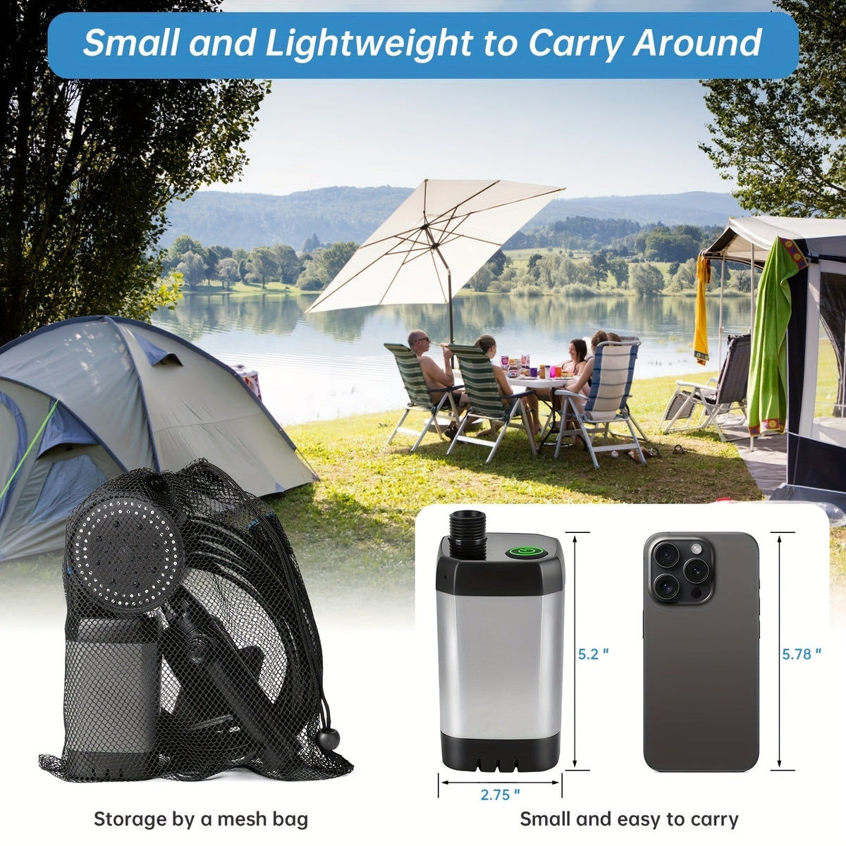 Portable Camping Shower 6000mAh Battery 120-Min Runtime 6 Spray Modes Smart Temperature Display – Lightweight Outdoor Shower Pump for Camping, Hiking, Pet Cleaning, Car Washing & Beach