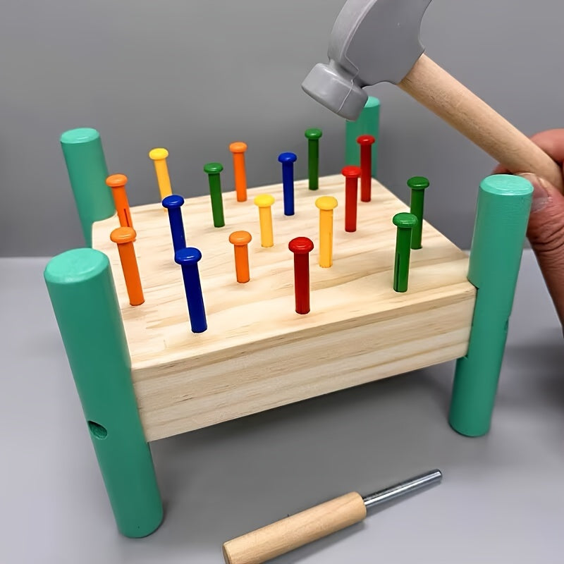 Pounding Table Toy for Toddlers Five-Color Knocking Nail Hammer Set Color Recognition Hand-Eye Coordination Parent-Child Interactive STEM Educational Toy Birthday Christmas Gift for Kids