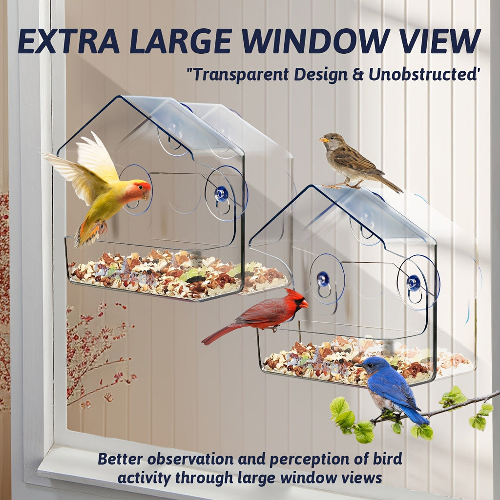 Window Bird Feeder Clear Plastic with Strong Suction Cups – Transparent Outside Bird Feeder for Close-Up Bird Watching, No Battery Needed, Durable Window Birdhouse for Wild Birds