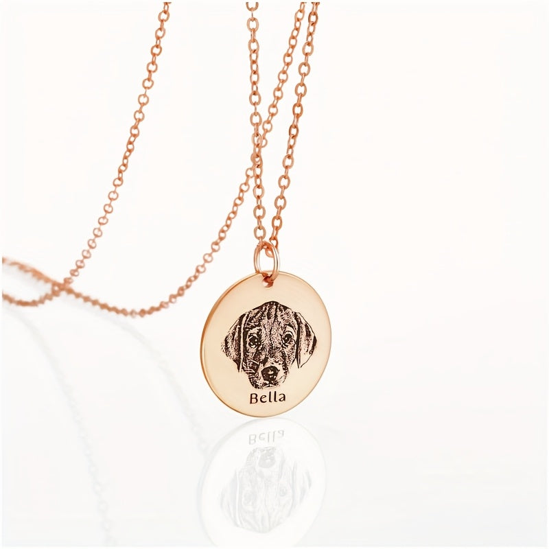 Personalized Pet Photo & Name Necklace - Custom Engraved Stainless Steel Circle Pendant for Pet Lovers, Handmade Dog Cat Memorial Jewelry Gift for Birthday Christmas, Gold & Rose Gold