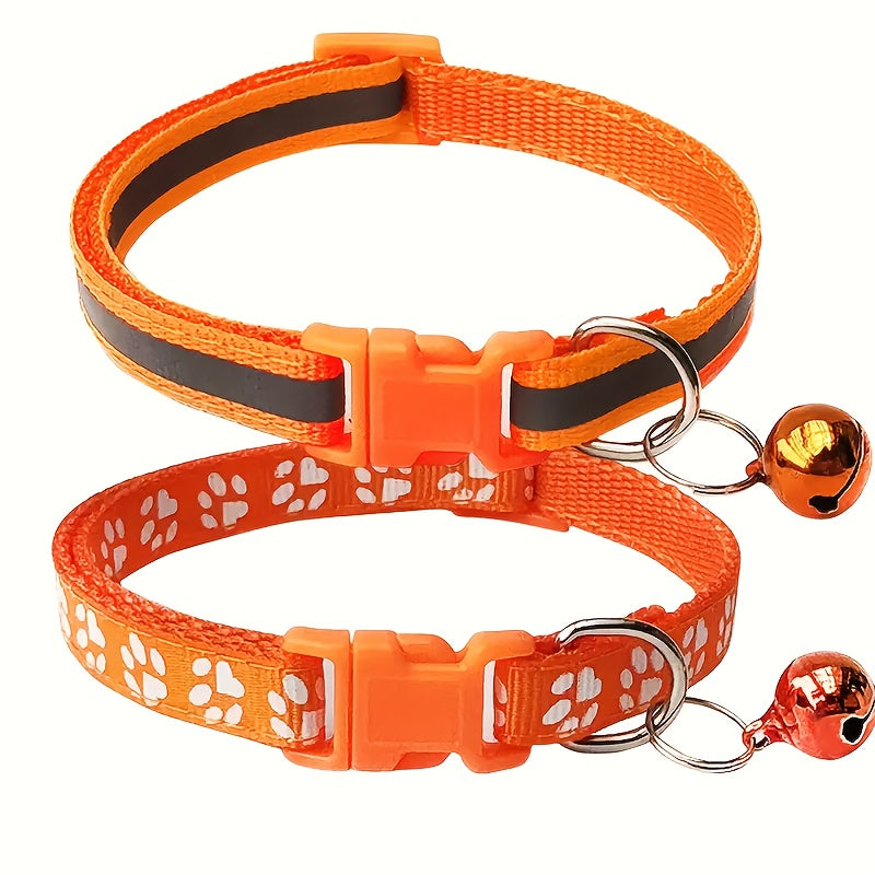 Reflective Pet Collar with Bell 2pcs Set - Adjustable Striped Polyester Cat & Dog Collar with Paw Print Design, Safety Breakaway Buckle, 10 Colors for Small Dogs and Cats, One Size