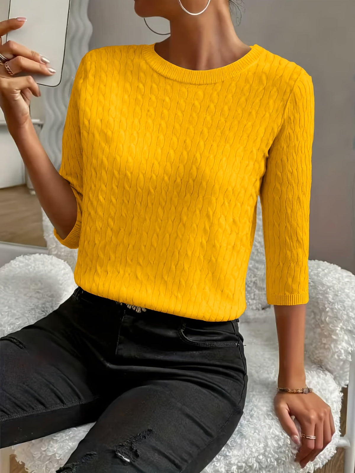 Women's Ribbed Three-Quarter Sleeve Pullover Sweater – Round Neck Solid Color Knit Top for Fall & Winter, Soft Stretch Versatile Everyday Style