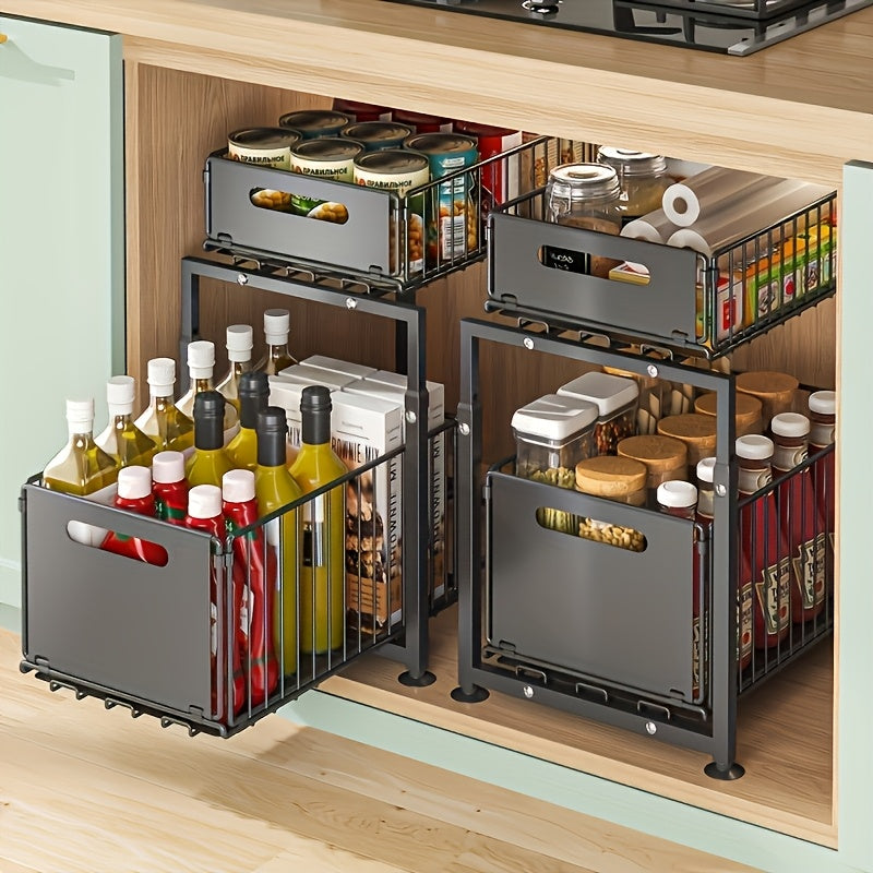 Under Sink Organizer 2-Tier Pull-Out Cabinet Shelf with Adjustable Height, Sturdy Carbon Steel Kitchen Storage Rack, Space-Saving Bathroom & Pantry Cabinet Organizer for Kitchen Organization