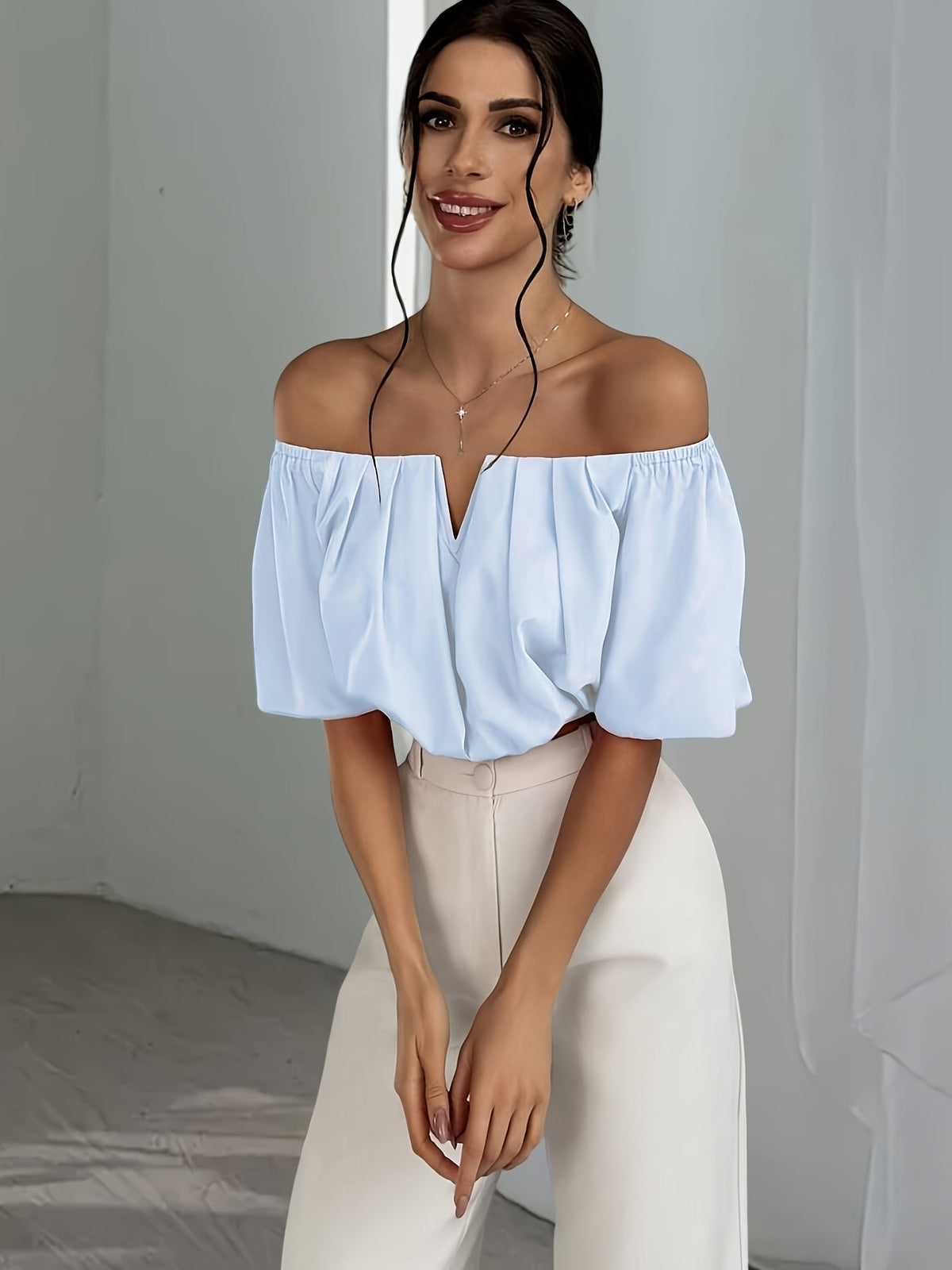 Off Shoulder V-Neck Blouse Women Short Sleeve Solid Color Sexy Summer Top | Vacation Party Casual Wear Multiple Colors XS-L