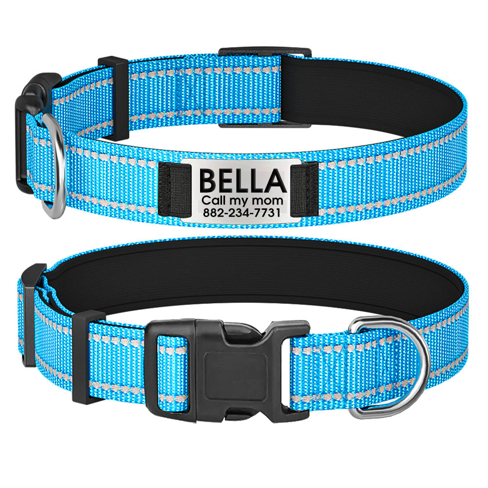 Customizable Reflective Dog Collar with Personalized Name Plate - Padded Nylon Comfort Fit, 12 Color Options, Engraved ID Tag Alternative for Small Medium & Large Dogs, Perfect Personalized Dog Gift for Dog Lovers