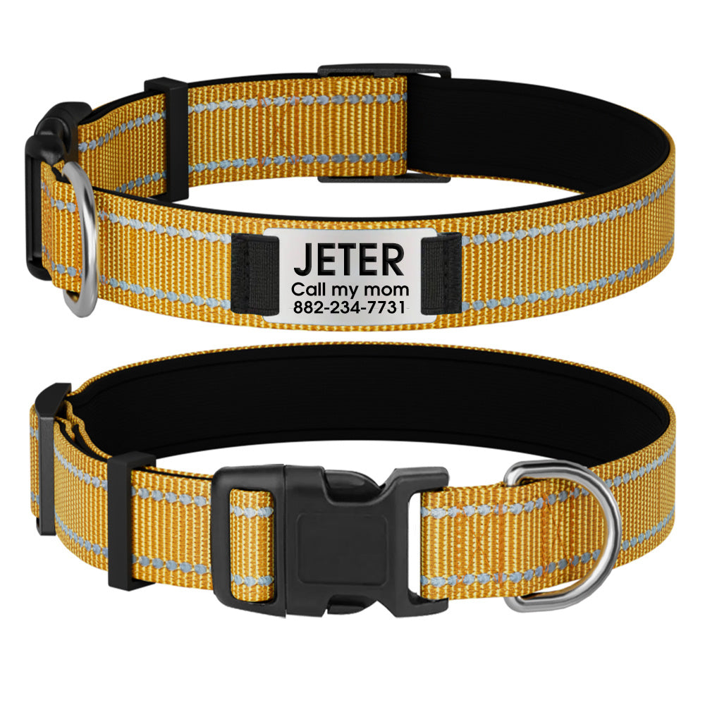Customizable Reflective Dog Collar with Personalized Name Plate - Padded Nylon Comfort Fit, 12 Color Options, Engraved ID Tag Alternative for Small Medium & Large Dogs, Perfect Personalized Dog Gift for Dog Lovers