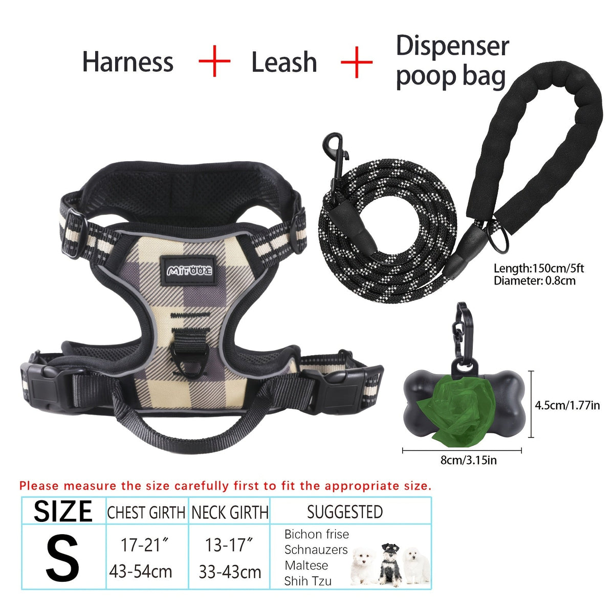 4-Piece Dog Harness and Leash Set No-Pull No-Choke Reflective Oxford Vest Harness with Leash Poop Bag Dispenser Easy Control Handle for Medium Large Dogs Outdoor Training Walking