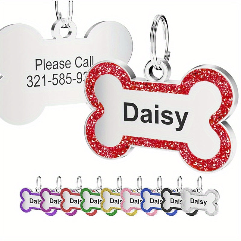 Personalized Dog ID Tag Custom Engraved Stainless Steel Pet Name Tag with Glitter Bone Design – Custom Dog Tags for Collar Ideal Gift for Dogs Puppies and Pet Owners