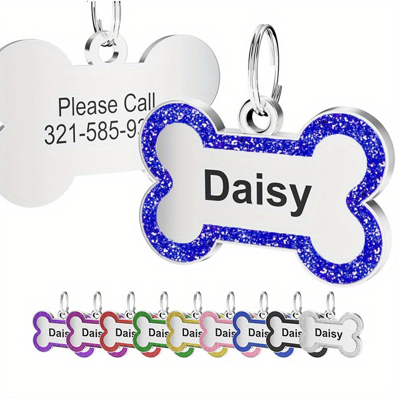 Personalized Dog ID Tag Custom Engraved Stainless Steel Pet Name Tag with Glitter Bone Design – Custom Dog Tags for Collar Ideal Gift for Dogs Puppies and Pet Owners