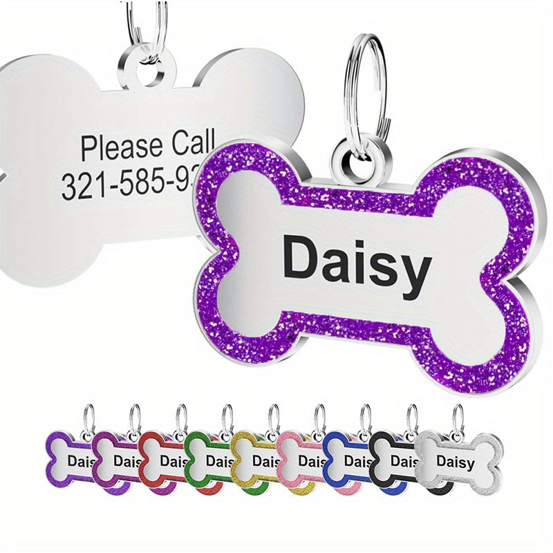 Personalized Dog ID Tag Custom Engraved Stainless Steel Pet Name Tag with Glitter Bone Design – Custom Dog Tags for Collar Ideal Gift for Dogs Puppies and Pet Owners