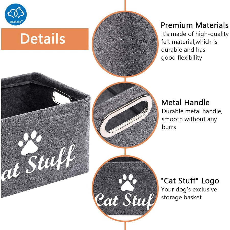 Collapsible Felt Cat Storage Basket with Metal Handles – Foldable Pet Toy Organizer Box for Cat Supplies, Home Organization Bin, Black