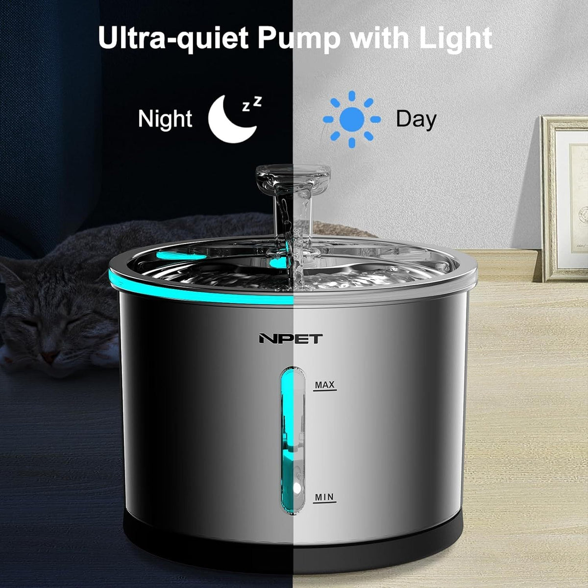 NPET WF210 Stainless Steel Cat Water Fountain 50oz – Ultra Quiet Automatic Pet Water Dispenser with LED Light, Visible Water Window & Dishwasher Safe 304 Steel, Optional Filter Bundles for Cats Dogs