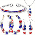 4th of July Patriotic Jewelry Set for Women 4 Piece – American Flag Earrings Bracelet Necklace Independence Day Gift Set with CZ Inlay