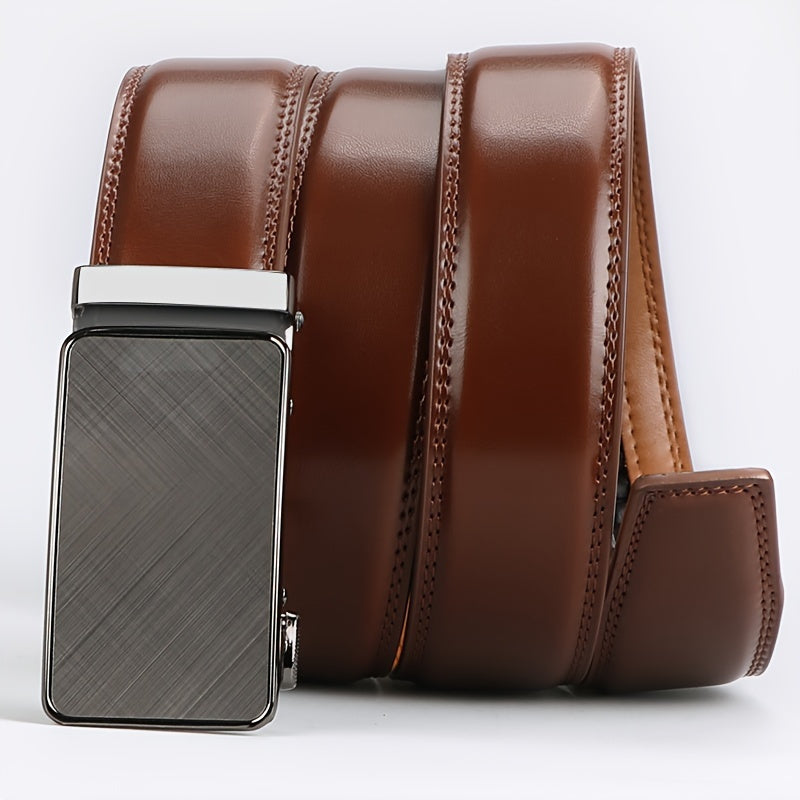 Men's Genuine Leather Ratchet Belt with American Flag Automatic Buckle – Adjustable Alloy Clasp in Black & Brown for Formal and Casual Wear