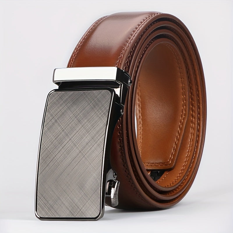 Men’s Genuine Leather Ratchet Belt with Automatic Buckle – Adjustable Alloy Buckle Casual & Business Belt Sizes 110–130cm, Perfect Father’s Day Gift for Him