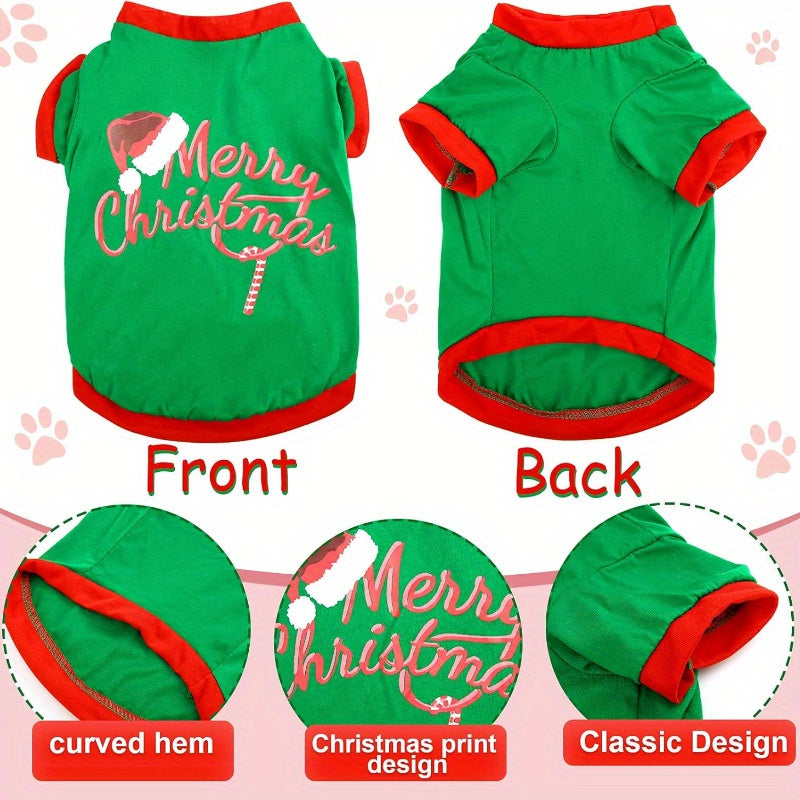 Dog Christmas Costume Set 3 Pieces – Santa Claus Vest & Holiday T-Shirt Pet Clothes for Dogs and Cats, XS to L Sizes, Festive Party Outfit for Christmas Celebrations, Cute Pet Holiday Gift