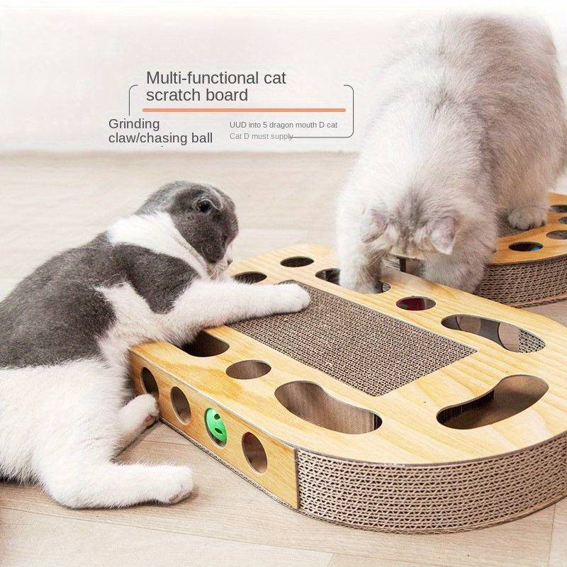 Interactive Cat Scratcher Toy with Ball Track Square Corrugated Cardboard Multi-Level Platform Scratch Pad Play Lounge for Indoor Cats Kittens Cat Scratching Board with Spinner