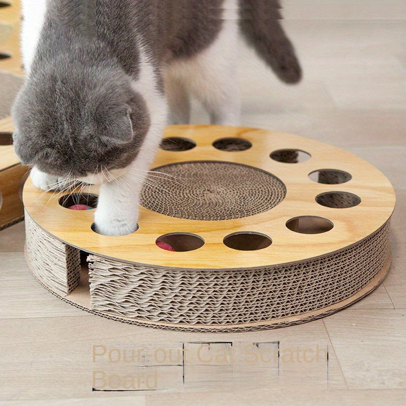 Interactive Cat Scratcher Toy with Ball Track Square Corrugated Cardboard Multi-Level Platform Scratch Pad Play Lounge for Indoor Cats Kittens Cat Scratching Board with Spinner