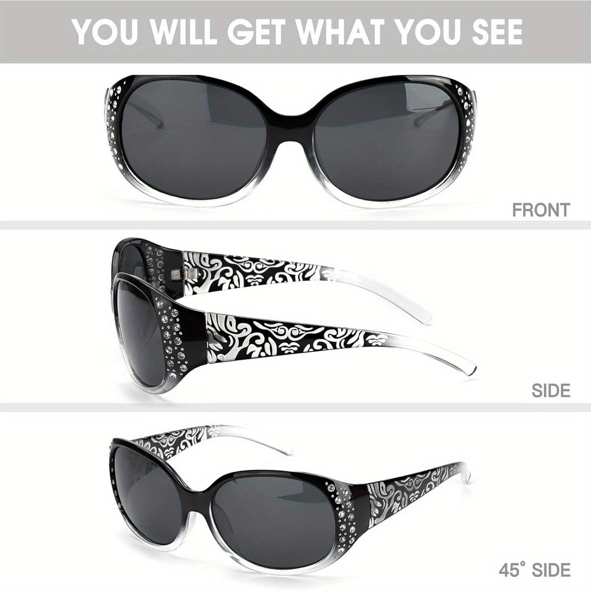 Women's Polarized Wraparound Sunglasses Rhinestone Detail UV Protection Gradient Lens Oversized Shield Shades 4 Colors