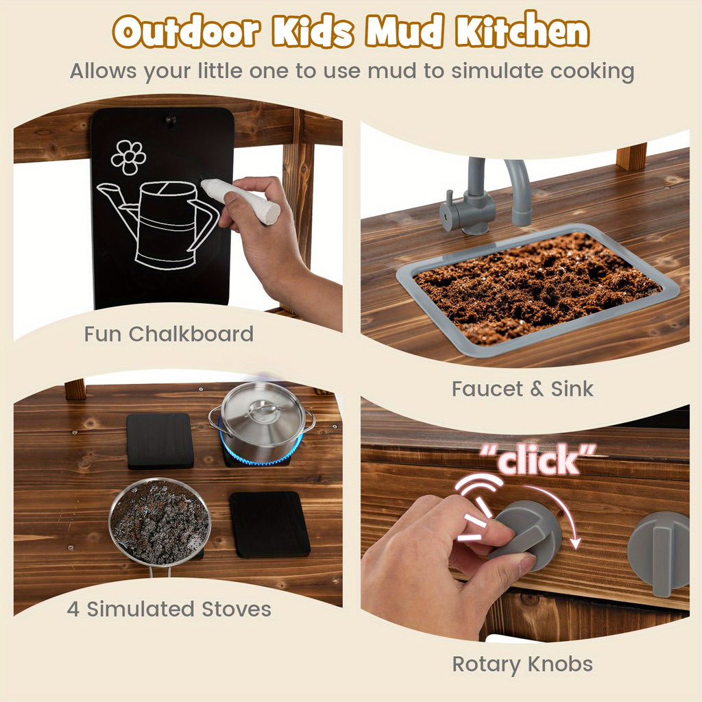 Mud Kitchen for Kids 3-7, Outdoor Solid Wood Play Kitchen with Canopy, Rotatable Faucet & Removable Sink, Realistic Stoves & Knobs, Chalkboard, Ample Storage – Natural Wood Backyard Pretend Cooking Set
