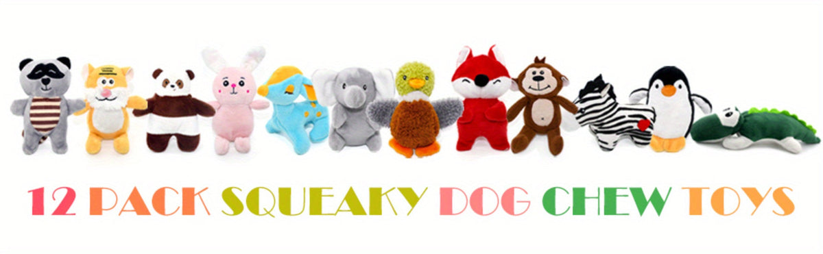 12-Pack Squeaky Stuffed Animal Dog Toys Plush Puppy Toys for Small Medium Dogs - Soft Chew Teething Toys with Gift Box Fox Tiger Rabbit Panda & More