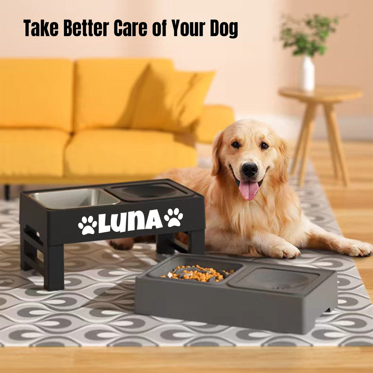 Personalized Elevated Dog Bowls with 4-Height Adjustable Stand - Stainless Steel Dog Food Bowl, Non-Slip No-Spill Raised Feeder for Medium & Large Dogs, Custom Font Name Plate, Black or Gray