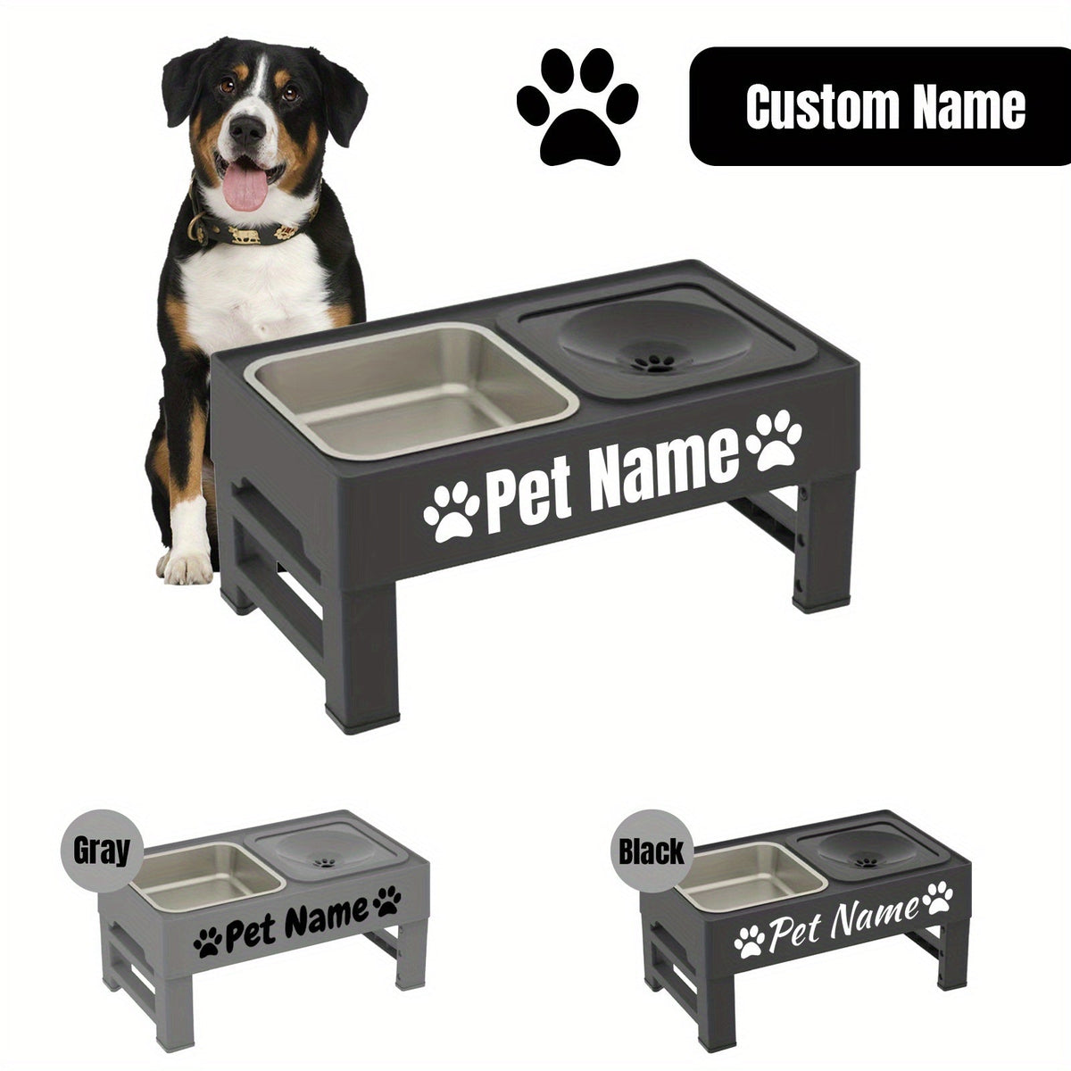 Personalized Elevated Dog Bowls with 4-Height Adjustable Stand - Stainless Steel Dog Food Bowl, Non-Slip No-Spill Raised Feeder for Medium & Large Dogs, Custom Font Name Plate, Black or Gray