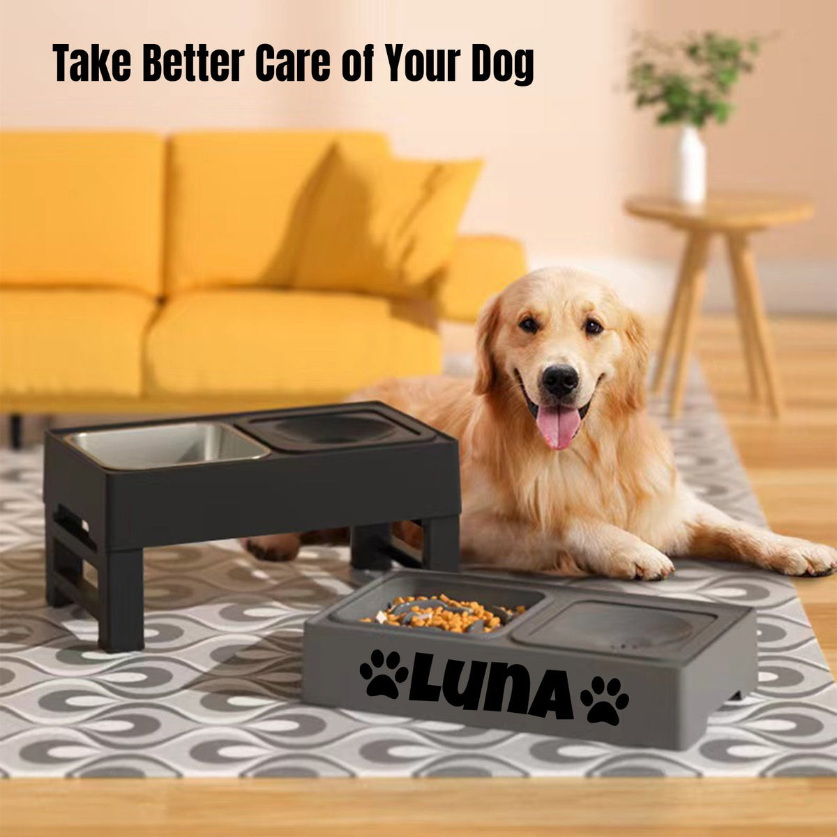 Elevated Dog Bowls with Adjustable Stand - Custom Slow Feeder & Spill-Proof Water Bowl for Small Medium Large Dogs - Raised Dog Bowl Set with Personalized Font Options, Black or Gray