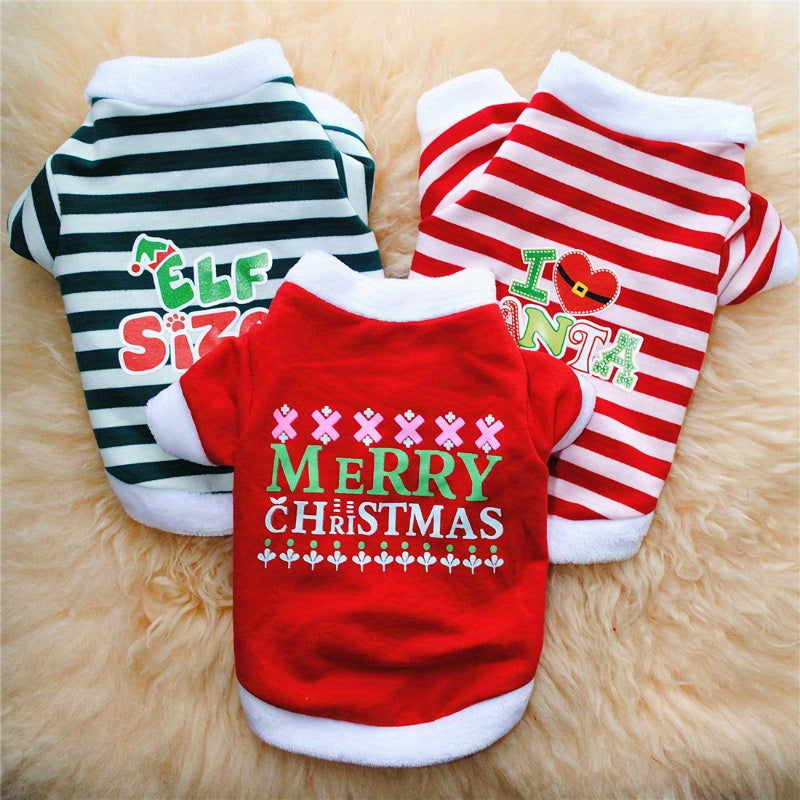 3pcs Pet Christmas Clothes Set – Striped Fleece Sweater & Printed T-Shirt Holiday Outfit for Dogs and Cats, Comfortable Xmas Costume for Small Medium Pets, Festive Party Dress Gift
