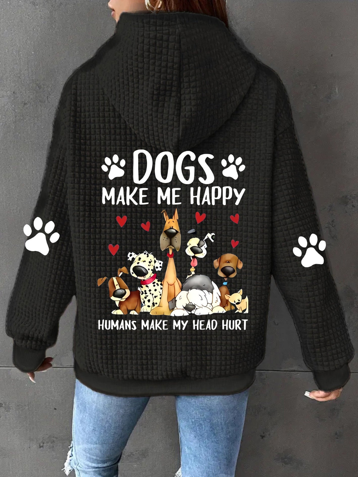 Dog Print Zip Up Hoodie Women Waffle Casual Sweatshirt Drawstring Geometric Pattern – 100% Polyester Machine Washable S-XXL Pink Black Grey Orange-Red