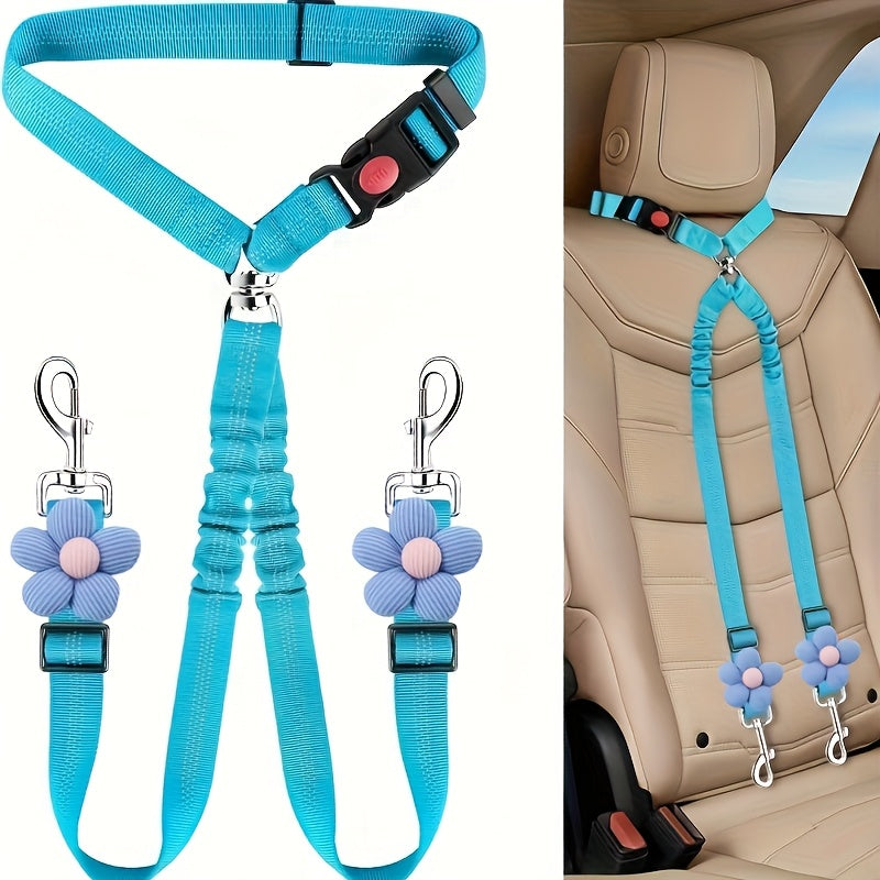Double Dog Car Seat Belt Dual Pet Safety Restraint Headrest Elastic Bungee Leash Splitter No-Tangle Adjustable for 2 Dogs Vehicle Travel Black Blue Red Orange