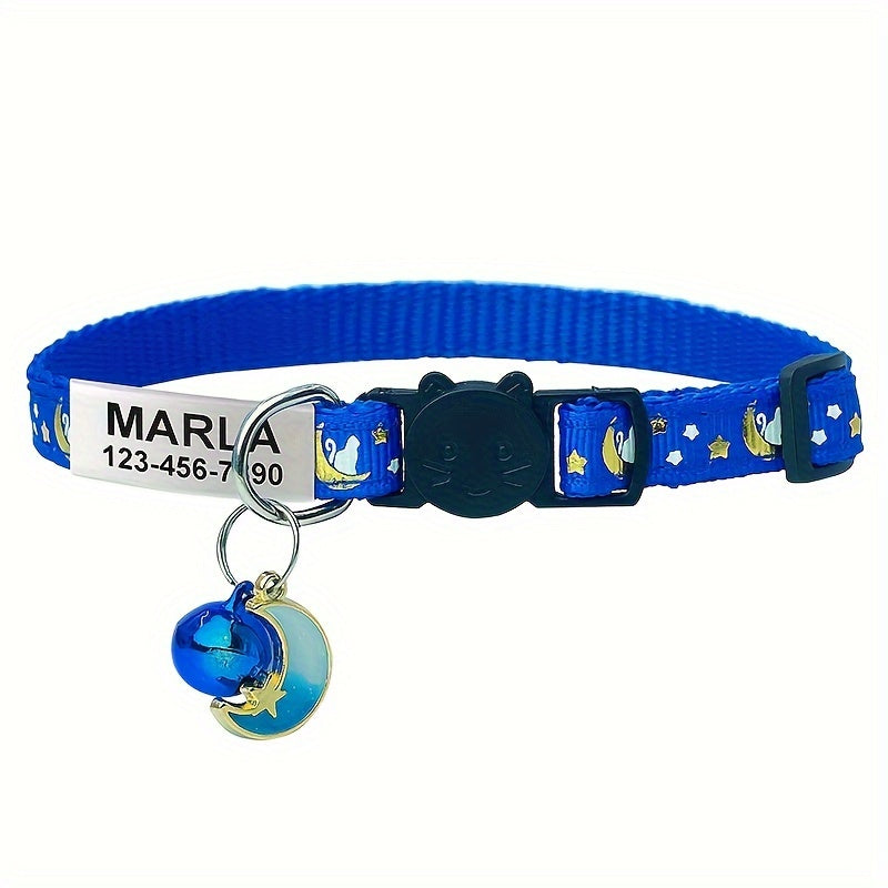 Custom Engraved Glow-in-the-Dark Cat Collar with Personalized ID Tag - Safety Breakaway Buckle, Bell & Luminous Night Safety Design, Adjustable Breathable PP Collar with Pet Name, Phone & Address Engraving