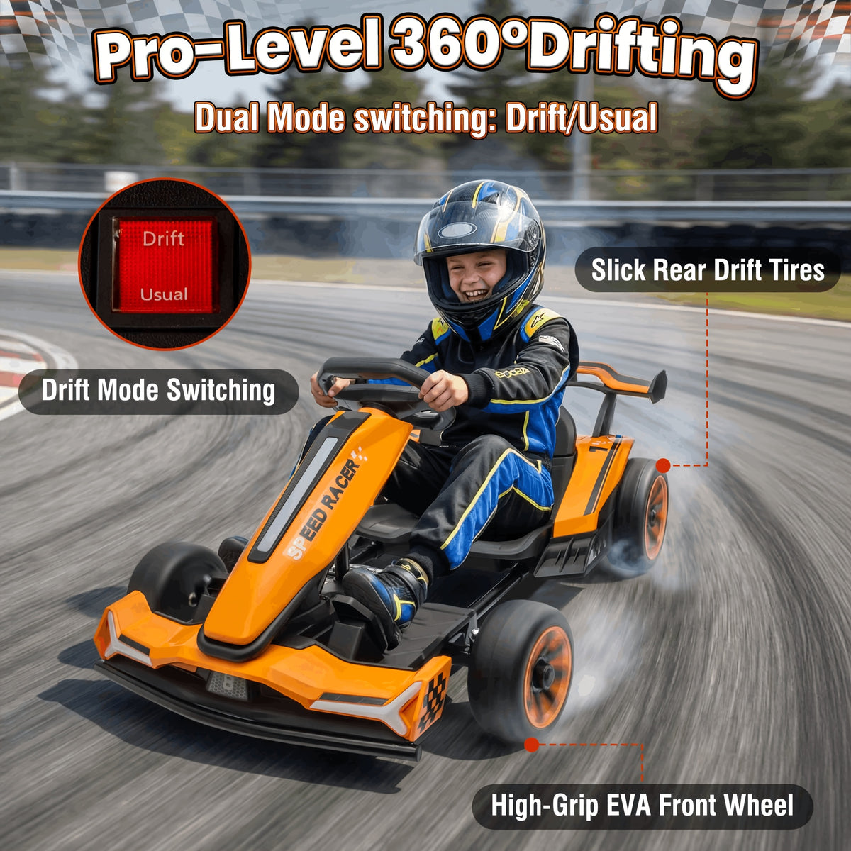 24V Electric Kids Go-Kart Drift Cart, 360 Degree Drift Mode, High Speed Racing with Soft Start, Music, Safety Belt, Metal Frame, Dual Brake for Boys Girls Ages 6 and Up, Birthday Christmas Gift, Black White Red Orange Silver