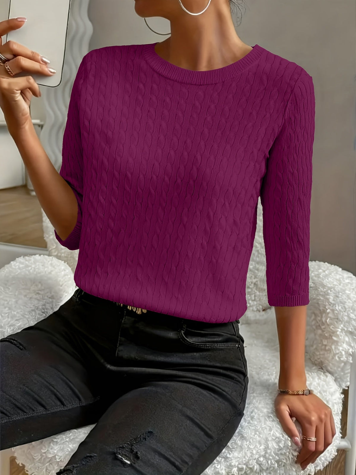 Women's Ribbed Three-Quarter Sleeve Pullover Sweater – Round Neck Solid Color Knit Top for Fall & Winter, Soft Stretch Versatile Everyday Style