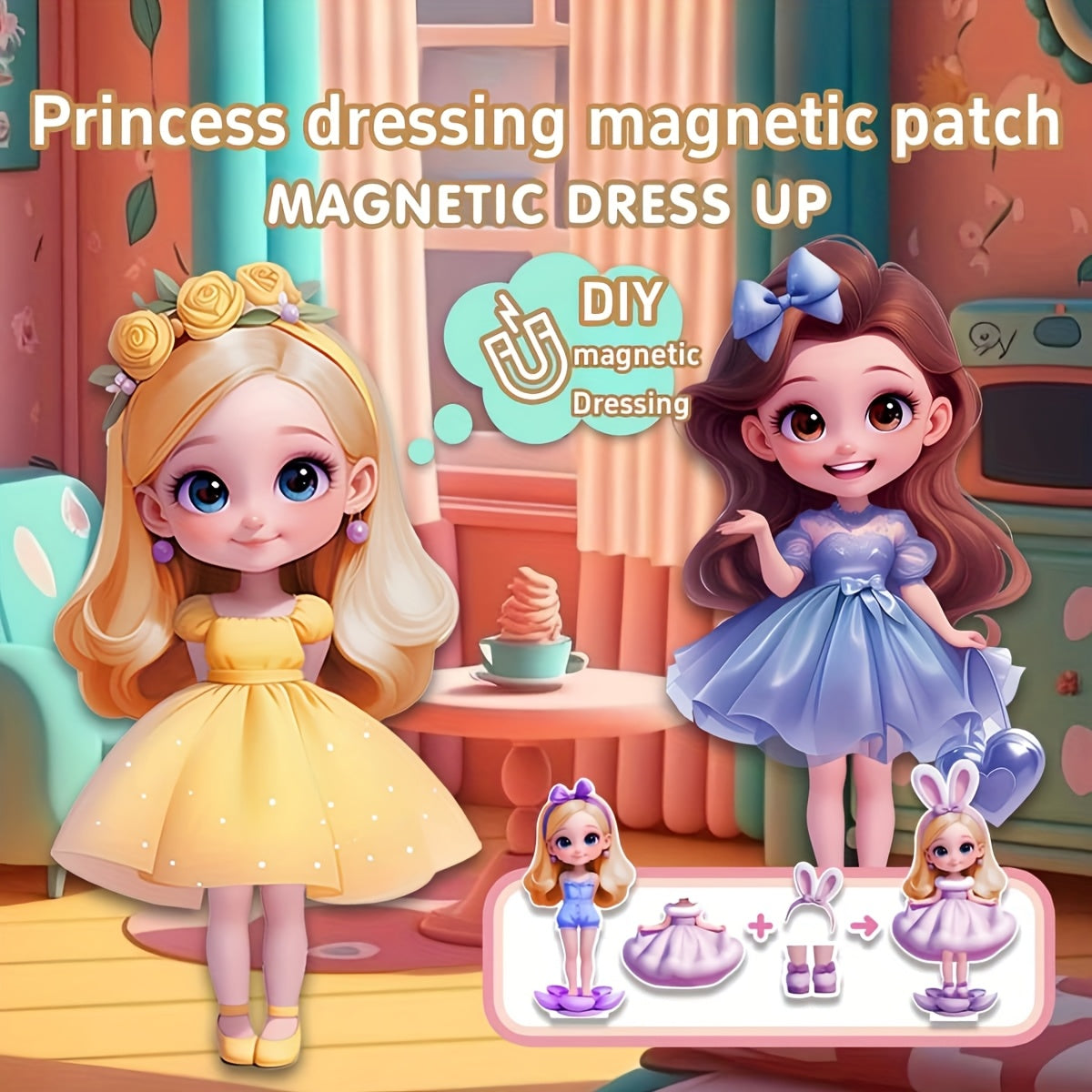 Princess Dress-Up Magnetic Sticker Quiet Book for Girls Age 3+, Reusable DIY Magnetic Princess Paper Doll Playset with Cute Cartoon Characters, Fridge Magnet Activity Toy, Christmas Halloween Birthday Gift