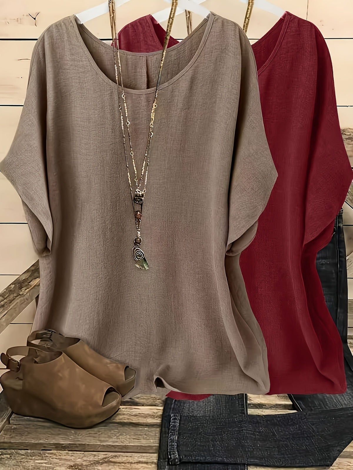 Women's Batwing Sleeve Shirt 2pcs Set Casual Vacation Round Neck Solid Color Loose Top S-XXL Multiple Colors | US Warehouse Fast Shipping