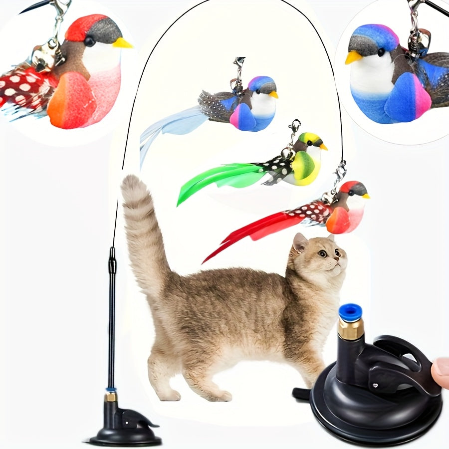 Cat Teaser Wand Toy with Simulation Bird & Suction Cup Base - Interactive Feather Bell Rod Set for Cats Kittens Hunting Exercise Solo Play No Battery Indoor Cat Toy Gift