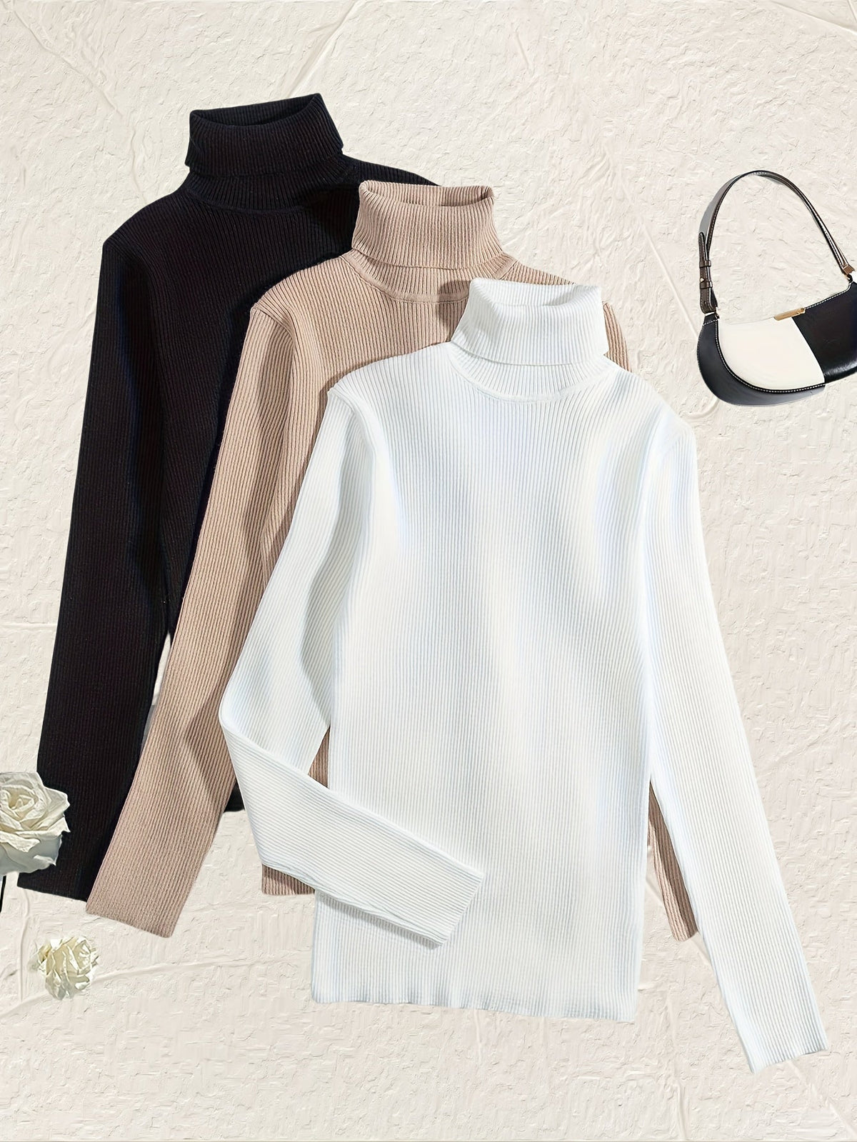 Women's 3-Piece High Collar Pullover Set – Soft High-Stretch 60% Elastane Solid Color Turtleneck Tops Bundle in Mixed Colors for Everyday Wear