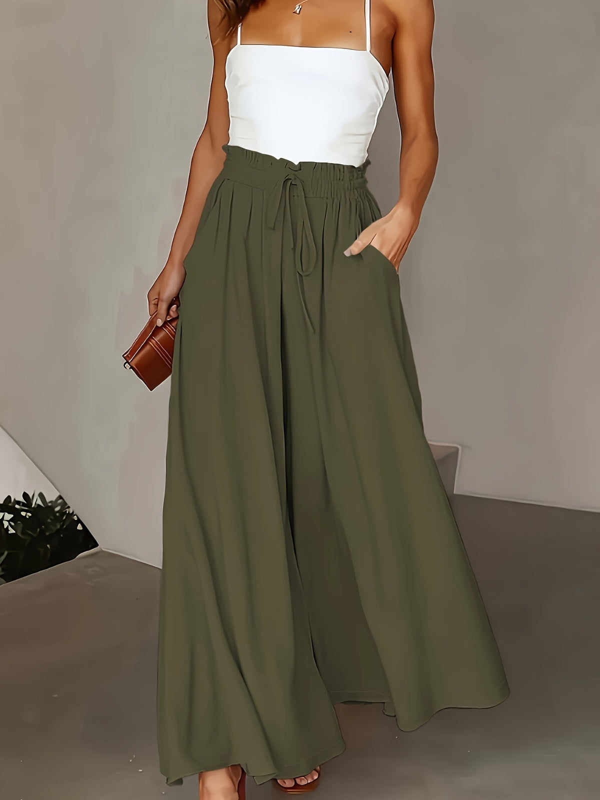 Women's High-Waist Wide-Leg Pants – Elegant Loose Fit Solid Color Flowy Trousers with Pockets for Spring Summer Office Casual