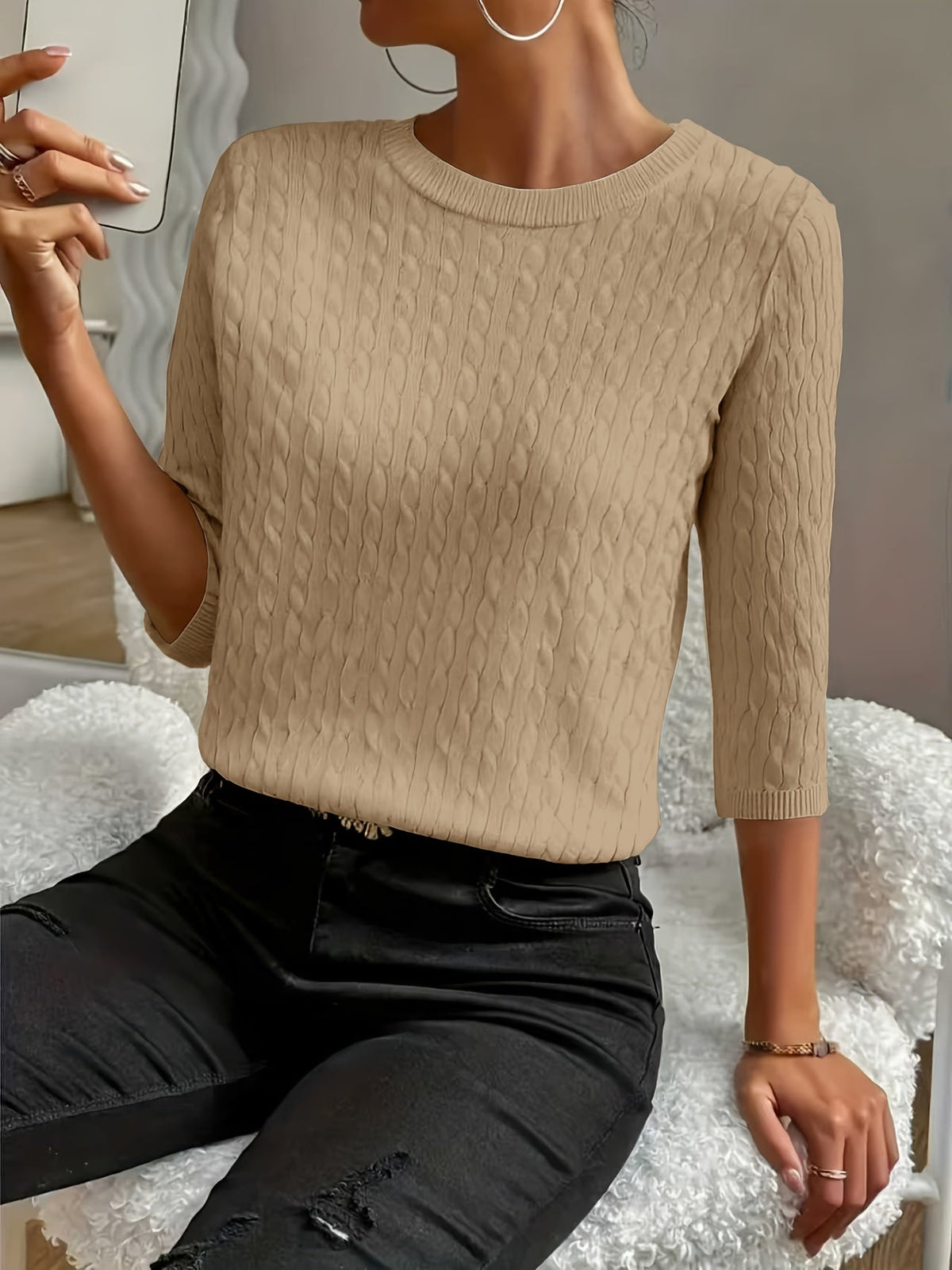 Women's Ribbed Three-Quarter Sleeve Pullover Sweater – Round Neck Solid Color Knit Top for Fall & Winter, Soft Stretch Versatile Everyday Style