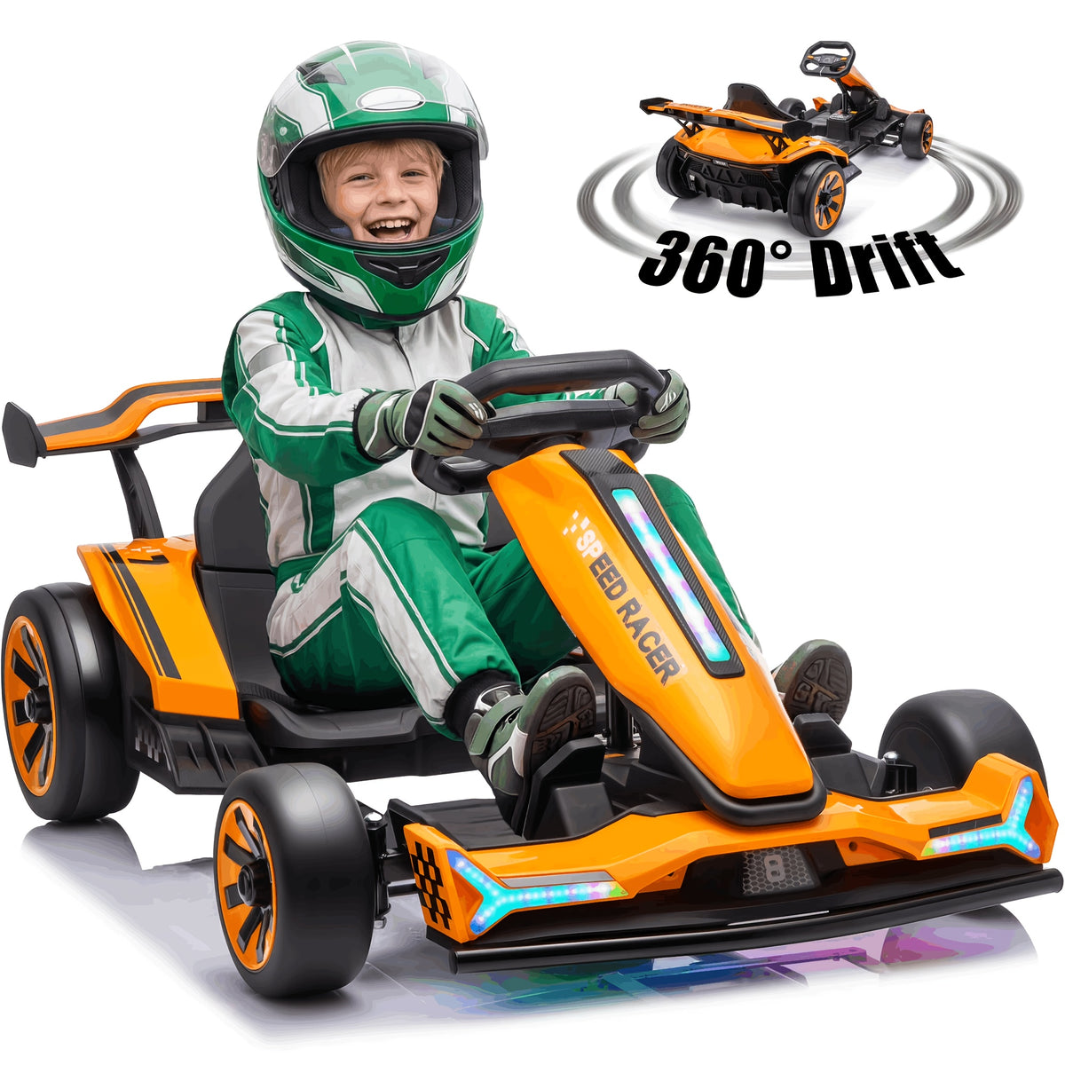 24V Electric Kids Go-Kart Drift Cart, 360 Degree Drift Mode, High Speed Racing with Soft Start, Music, Safety Belt, Metal Frame, Dual Brake for Boys Girls Ages 6 and Up, Birthday Christmas Gift, Black White Red Orange Silver