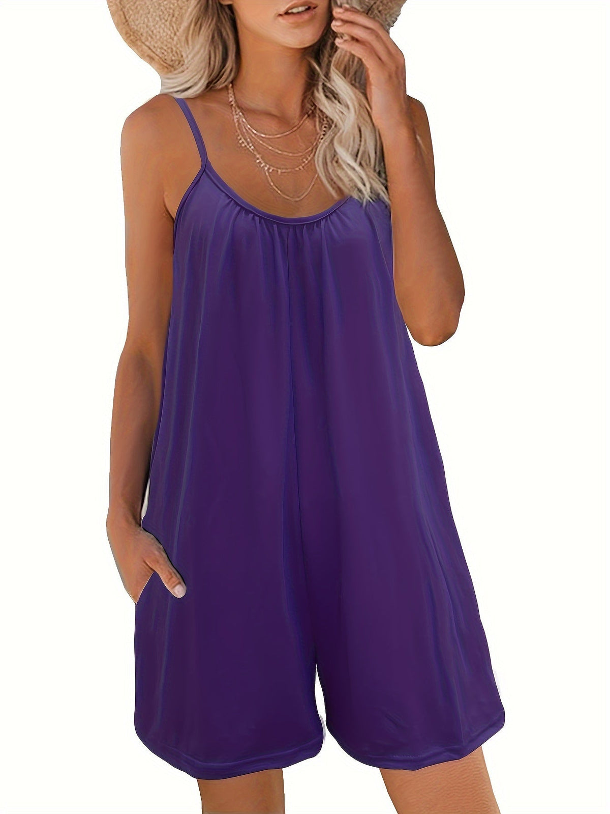 Women's Solid Color Strappy Jumpsuit Sleeveless Cami One-Piece Wide Leg Pants with Pockets Summer Casual Beach Romper