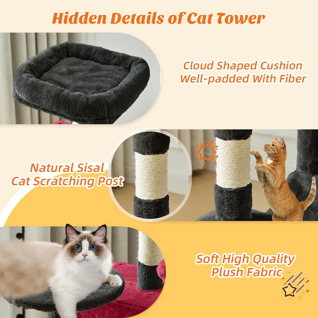 44" Cat Tree Tower with Hammock & Sisal Scratching Posts – Multi-Level Indoor Cat Condo with Natural Perches for Large & Multiple Cats, Sturdy Stable Base, Beige Gray Pink Black