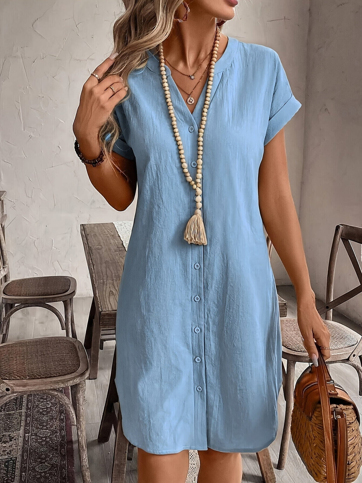 Women's V-Neck Loose Fit Button Dress – Elegant Casual Solid Color Summer Shirt Dress in 9 Colors for Everyday & Vacation Wear