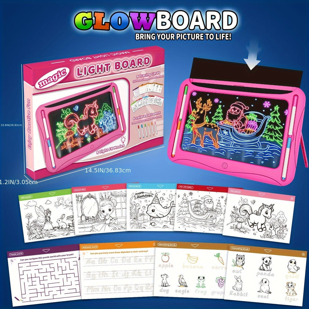 LED Light-Up Drawing Doodle Board for Kids Ages 3-8 – Glow Writing Art Set with 9 Double-Sided Cards & 6 Markers, Educational Learning Travel Toy, Birthday & Christmas Gift for Girls Boys