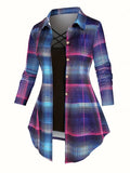 Women's Retro 2-Piece Set - High-Waist Plaid Long Sleeve Blouse & Body Strap | Vintage Button Lapel Collar Fall Spring Outfit Fashion