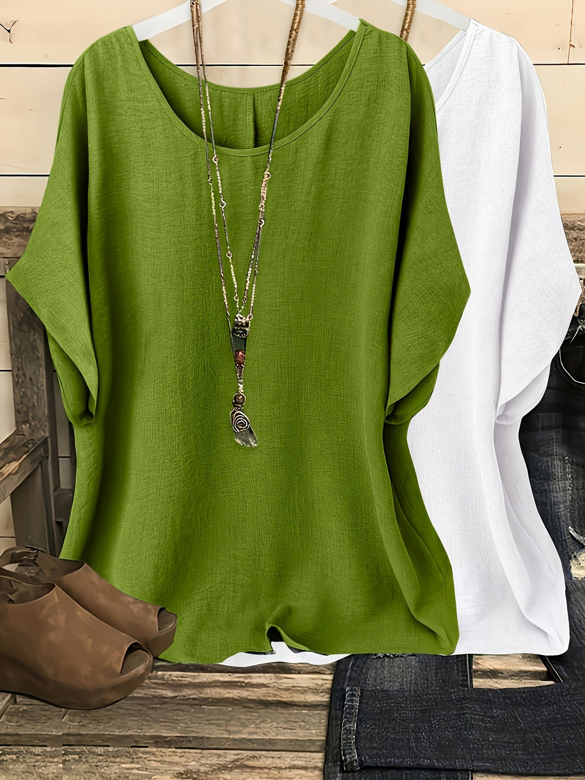 Women's Batwing Sleeve Shirt 2pcs Set Casual Vacation Round Neck Solid Color Loose Top S-XXL Multiple Colors | US Warehouse Fast Shipping