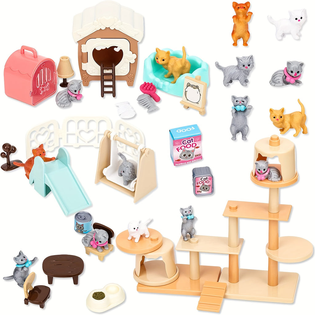Cat Figures Playset Toys for Kids - Interactive Kitten Role Play Care Center for Girls & Boys Ages 3 4 5 6, Realistic Pretend Play Cat Set with Accessories, Birthday Gift for Cat Lovers