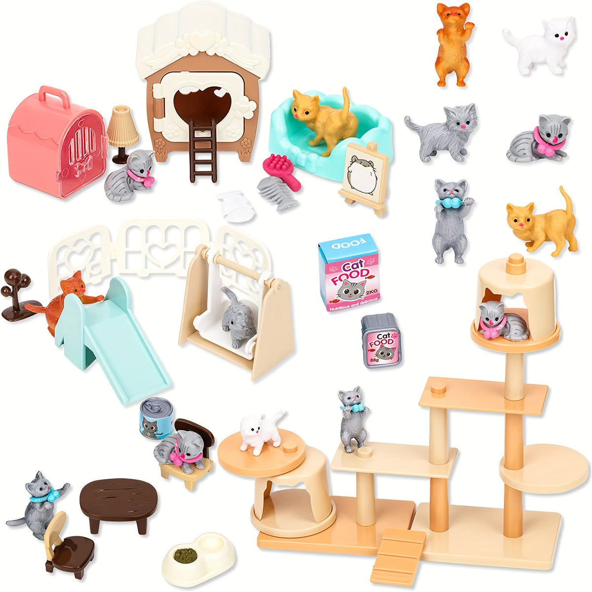 Cat Figures Playset Toys for Kids - Interactive Kitten Role Play Care Center for Girls & Boys Ages 3 4 5 6, Realistic Pretend Play Cat Set with Accessories, Birthday Gift for Cat Lovers